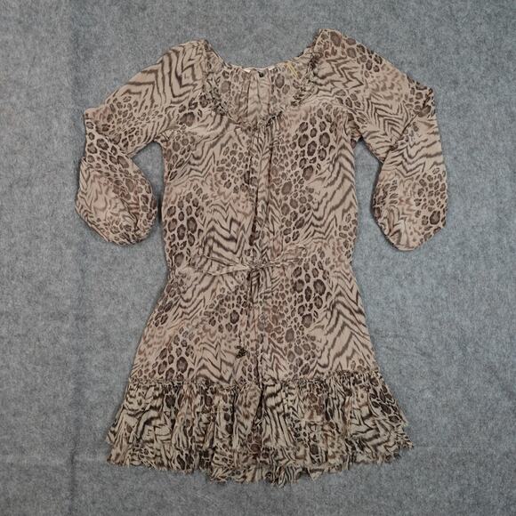Rebecca‎ Taylor Dress Womens 2 Silk Shirred hem Mini Animal Print Balloon Sleeve - Picture 2 of 11